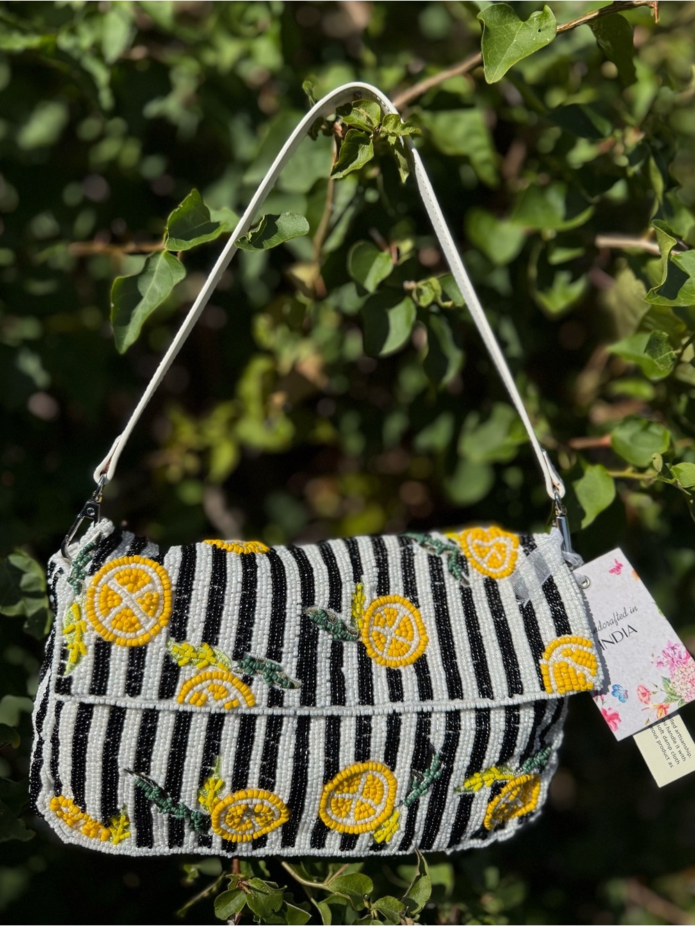 NWT Made in India Lemons Black White Striped Leather Shoulder Strap Beaded Bag